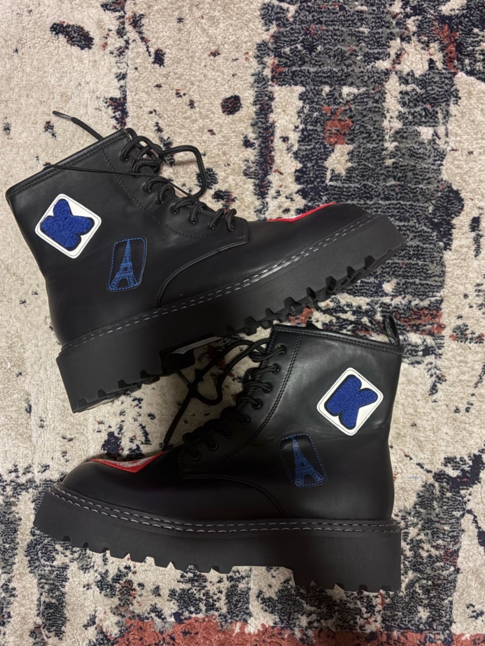 Karl Lagerfeld Black Leather Combat Boots with Blue Patches
